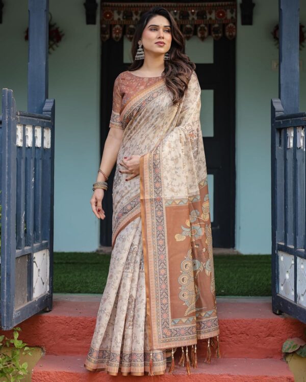 ALMAARI FASHION Handloom Cotton Floral Printed Saree with Tassels on Edges & Attached Blouse Piece | 5.5 Meter Saree + 0.8 Meter Blouse - Image 5