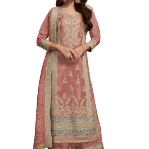 Miss Ethnik Women's Peach Chinon Stitched Top With Stitched Chinon Bottom and Chinon Dupatta Full Sleeve Embroidered Straight Top (ME-1192)