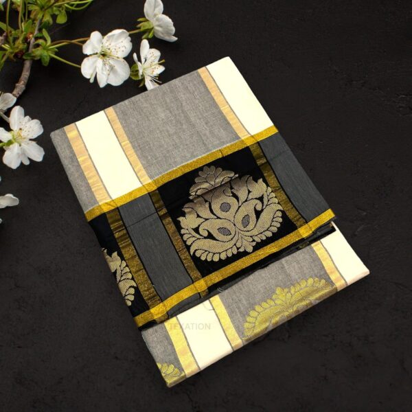 TEXATION Onam Special Women's Kerala Kasavu Cotton Saree With Rich Pallu and Running Blouse Piece (Saree5.5 meter, Blouse 0.8 meter) (BLACK) - Image 4