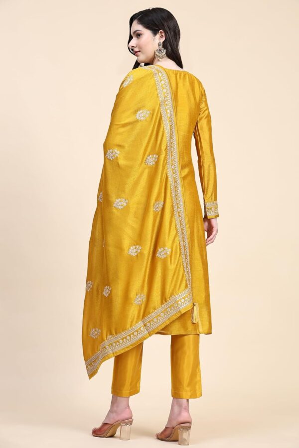 TRENDMALLS Women's Vichitra Silk Embroidery Salwar Suit Set Kurta Pant with Dupatta Yellow Kurta Set for Women - Image 2