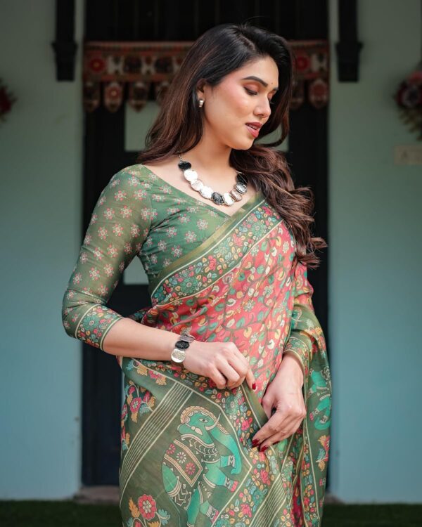 ALMAARI FASHION Handloom Cotton Floral Printed Saree with Tassels on Edges & Attached Blouse Piece | 5.5 Meter Saree + 0.8 Meter Blouse - Image 6