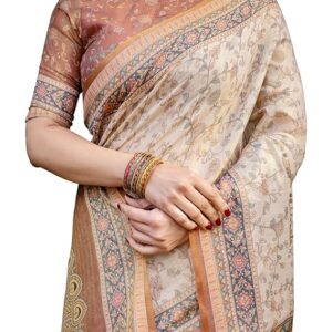 ALMAARI FASHION Handloom Cotton Floral Printed Saree with Tassels on Edges & Attached Blouse Piece | 5.5 Meter Saree + 0.8 Meter Blouse