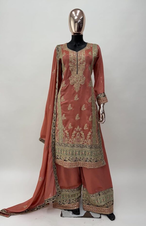 Miss Ethnik Women's Peach Chinon Stitched Top With Stitched Chinon Bottom and Chinon Dupatta Full Sleeve Embroidered Straight Top (ME-1192) - Image 4