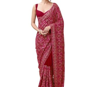 TRENDMALLS Women's Vichitra Silk Embroidery, Siroski Stone Work Saree with Unstitch Blouse Piece