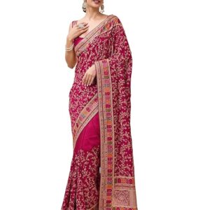 TRENDMALLS Women's Vichitra Silk Embroidery, Siroski Stone Work Saree with Unstitch Blouse Piece