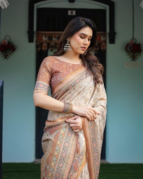 ALMAARI FASHION Handloom Cotton Floral Printed Saree with Tassels on Edges & Attached Blouse Piece | 5.5 Meter Saree + 0.8 Meter Blouse - Image 2