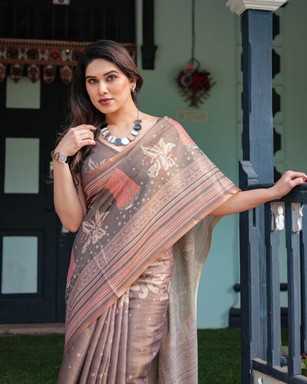 ALMAARI FASHION Handloom Cotton Floral Printed Saree with Tassels on Edges & Attached Blouse Piece | 5.5 Meter Saree + 0.8 Meter Blouse - Image 4