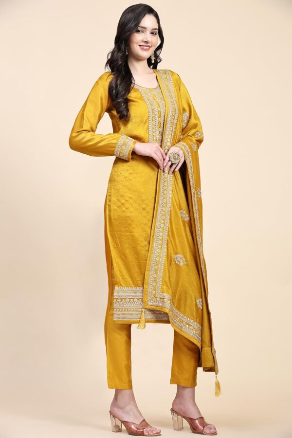 TRENDMALLS Women's Vichitra Silk Embroidery Salwar Suit Set Kurta Pant with Dupatta Yellow Kurta Set for Women - Image 3