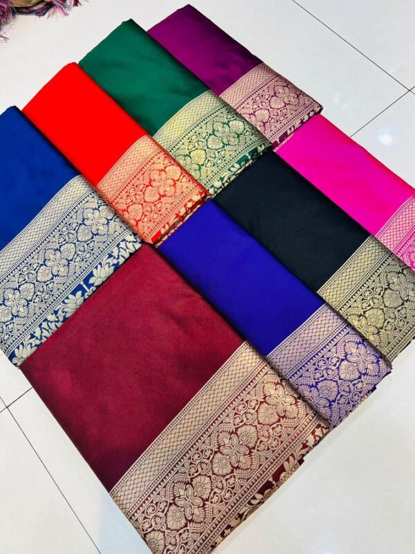 AMIRAT Women's Banarasi silk plain saree With Golden Zari Woven Border With Blouse Piece - Image 6