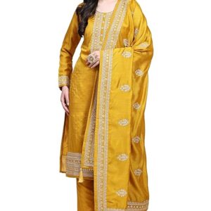 TRENDMALLS Women's Vichitra Silk Embroidery Salwar Suit Set Kurta Pant with Dupatta Yellow Kurta Set for Women