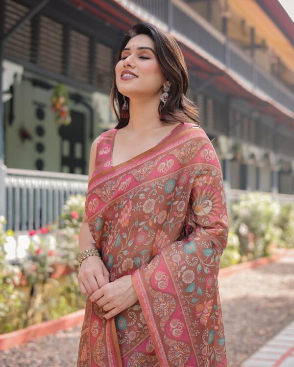 ALMAARI FASHION Handloom Cotton Floral Printed Saree with Tassels on Edges & Attached Blouse Piece | 5.5 Meter Saree + 0.8 Meter Blouse - Image 4