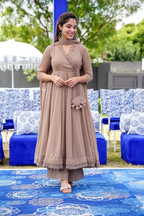 ESTELA Women Beige Solid Lace Work Anarkali Kurta Palazzo And Dupatta Set - Image 3