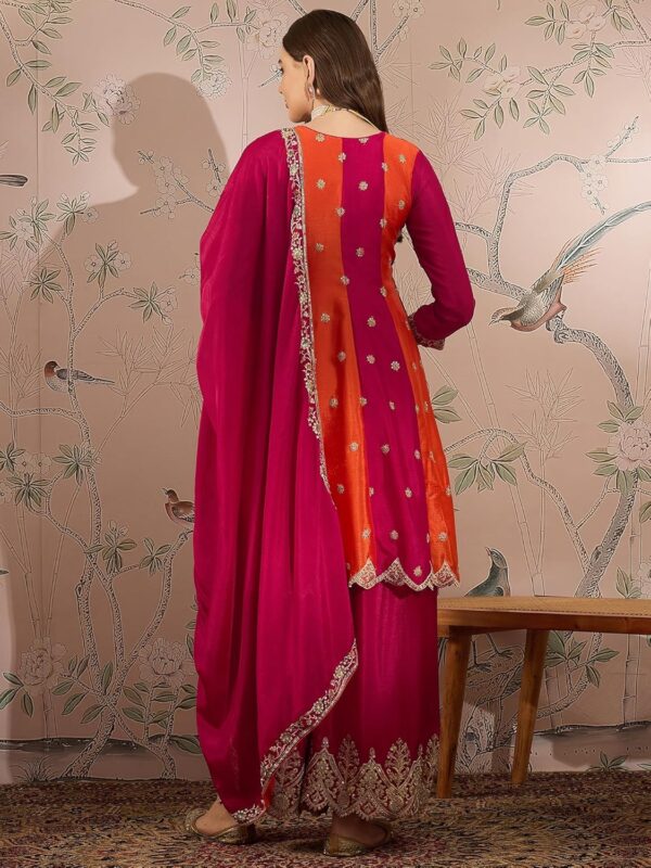 Miss Ethnik Women's Pink Chinon Stitched Top with Bottom and Dupatta - Full Sleeve Embroidered Flared Top - Image 3