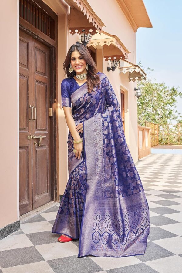 SWORNOF Womens Kanjivaram Silk Saree with Zari Woven Saree With Blouse Piece - Image 3