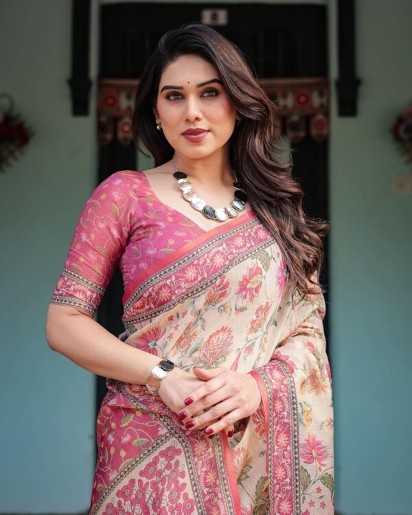 ALMAARI FASHION Handloom Cotton Floral Printed Saree with Tassels on Edges & Attached Blouse Piece | 5.5 Meter Saree + 0.8 Meter Blouse - Image 5
