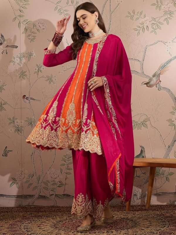 Miss Ethnik Women's Pink Chinon Stitched Top with Bottom and Dupatta - Full Sleeve Embroidered Flared Top - Image 2