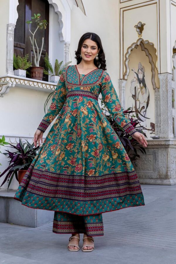 Pistaa's Women's Pure Cotton Anarkali Floral Printed Kurta with Palazzo & Dupatta Set - Image 2
