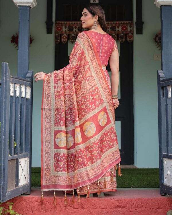 ALMAARI FASHION Handloom Cotton Floral Printed Saree with Tassels on Edges & Attached Blouse Piece | 5.5 Meter Saree + 0.8 Meter Blouse - Image 2