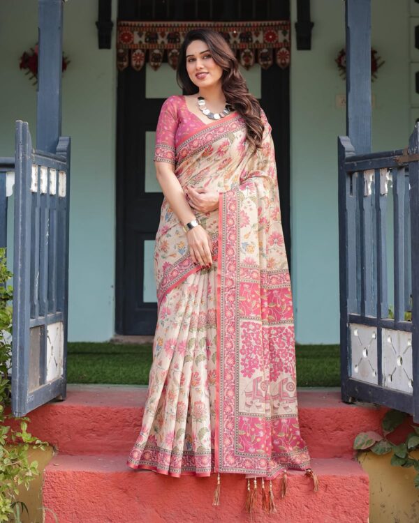 ALMAARI FASHION Handloom Cotton Floral Printed Saree with Tassels on Edges & Attached Blouse Piece | 5.5 Meter Saree + 0.8 Meter Blouse - Image 6