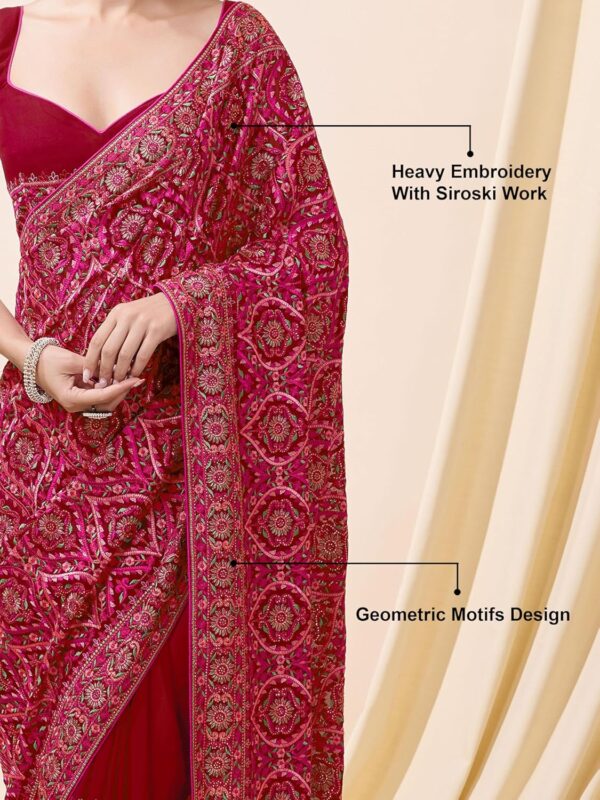 TRENDMALLS Women's Vichitra Silk Embroidery, Siroski Stone Work Saree with Unstitch Blouse Piece - Image 4