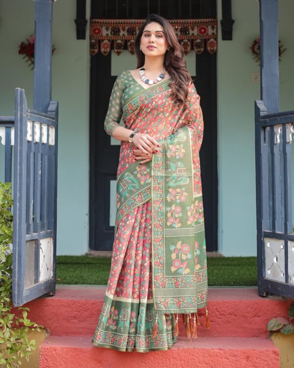 ALMAARI FASHION Handloom Cotton Floral Printed Saree with Tassels on Edges & Attached Blouse Piece | 5.5 Meter Saree + 0.8 Meter Blouse - Image 5