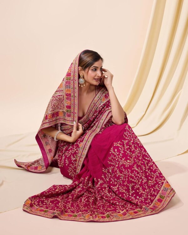 TRENDMALLS Women's Vichitra Silk Embroidery, Siroski Stone Work Saree with Unstitch Blouse Piece - Image 6
