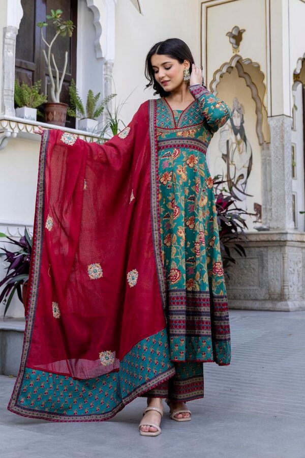 Pistaa's Women's Pure Cotton Anarkali Floral Printed Kurta with Palazzo & Dupatta Set - Image 4