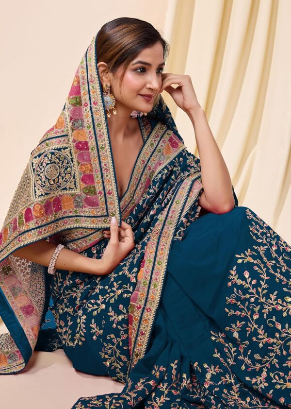 TRENDMALLS Women's Vichitra Silk Embroidery, Siroski Stone Work Saree with Unstitch Blouse Piece - Image 4
