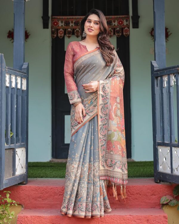 ALMAARI FASHION Handloom Cotton Floral Printed Saree with Tassels on Edges & Attached Blouse Piece | 5.5 Meter Saree + 0.8 Meter Blouse - Image 6