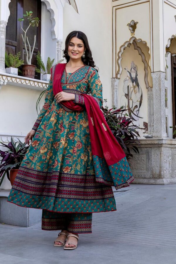 Pistaa's Women's Pure Cotton Anarkali Floral Printed Kurta with Palazzo & Dupatta Set - Image 3