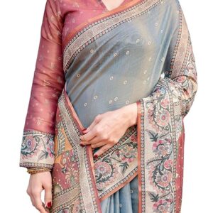 ALMAARI FASHION Handloom Cotton Floral Printed Saree with Tassels on Edges & Attached Blouse Piece | 5.5 Meter Saree + 0.8 Meter Blouse