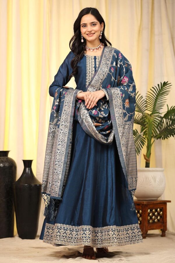 TRENDMALLS Women's Vichitra Silk Anarkali Suit Set with Jacquard Dupatta for Women Kurta Set for Women - Image 3