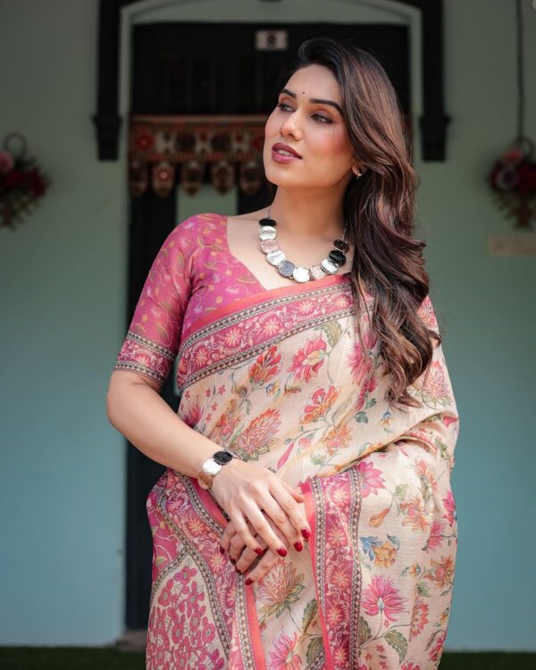 ALMAARI FASHION Handloom Cotton Floral Printed Saree with Tassels on Edges & Attached Blouse Piece | 5.5 Meter Saree + 0.8 Meter Blouse - Image 6