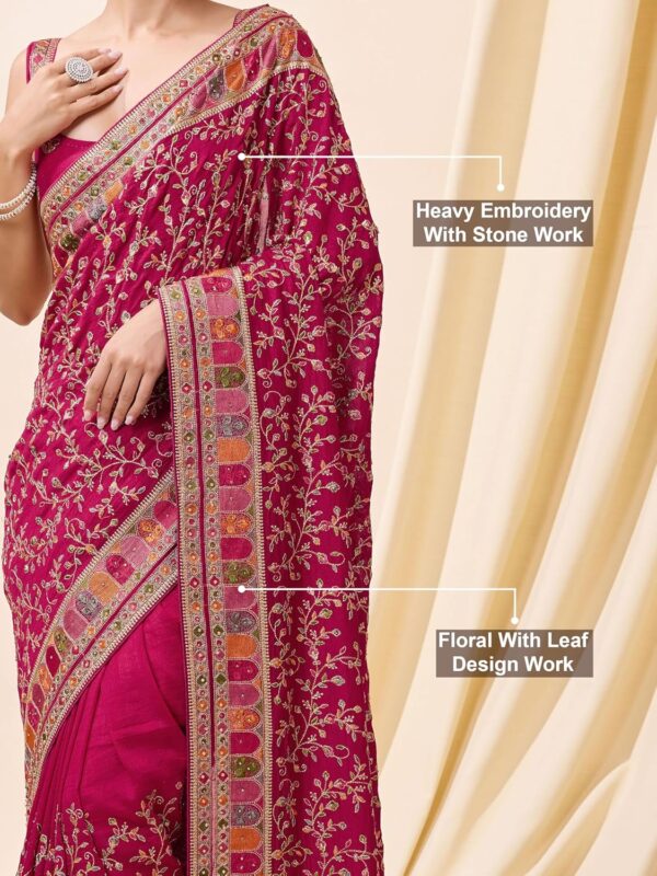 TRENDMALLS Women's Vichitra Silk Embroidery, Siroski Stone Work Saree with Unstitch Blouse Piece - Image 4