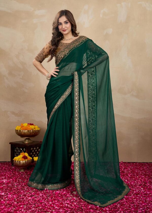 TRENDMALLS Women's Chiffon Embroidered Sequence Border Saree with Blouse Piece - Image 3