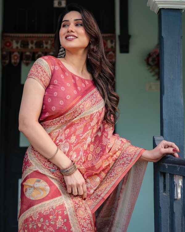 ALMAARI FASHION Handloom Cotton Floral Printed Saree with Tassels on Edges & Attached Blouse Piece | 5.5 Meter Saree + 0.8 Meter Blouse - Image 5