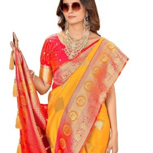 Mehrang Women's Pure Kanjivaram Silk Saree Banarasi Silk Wedding Sarees for Women with Blouse Piece