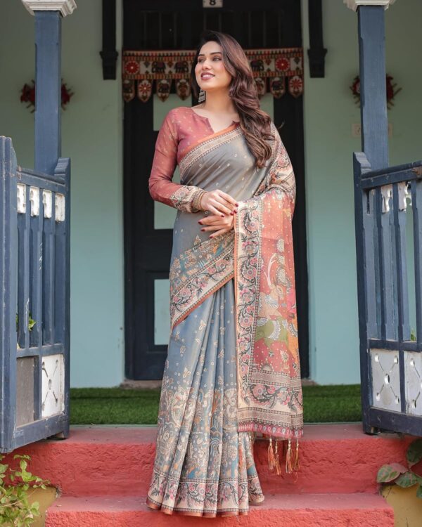 ALMAARI FASHION Handloom Cotton Floral Printed Saree with Tassels on Edges & Attached Blouse Piece | 5.5 Meter Saree + 0.8 Meter Blouse - Image 4