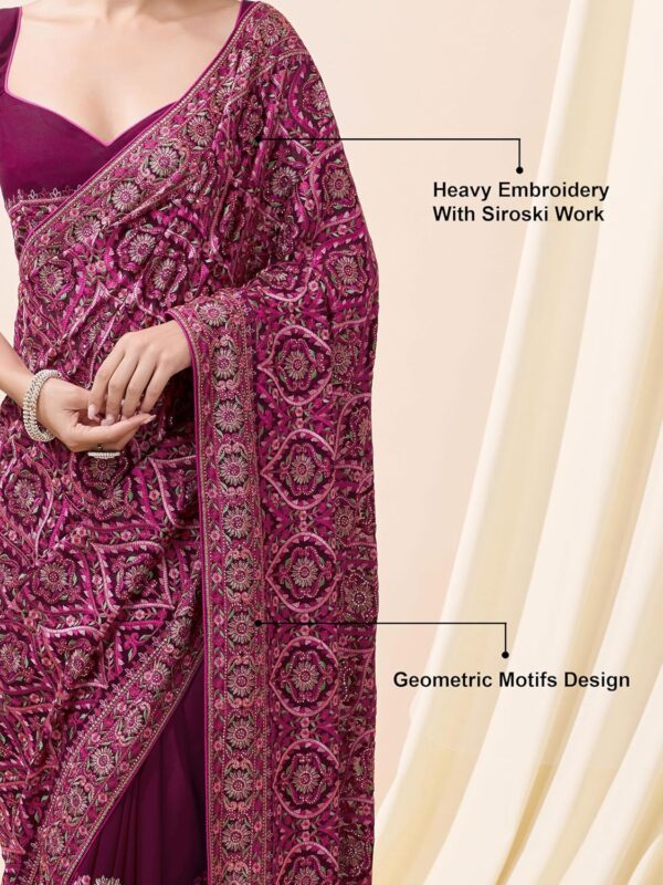 TRENDMALLS Women's Vichitra Silk Embroidery, Siroski Stone Work Saree with Unstitch Blouse Piece - Image 4