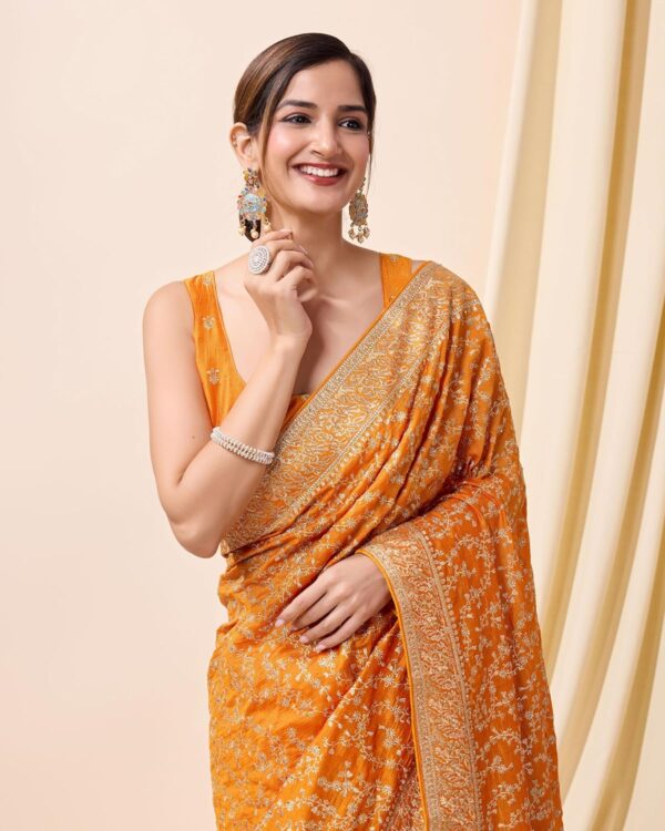 TRENDMALLS Women's Vichitra Silk Embroidery, Siroski Stone Work Saree with Unstitch Blouse Piece - Image 6