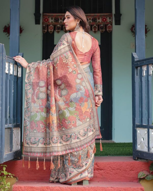 ALMAARI FASHION Handloom Cotton Floral Printed Saree with Tassels on Edges & Attached Blouse Piece | 5.5 Meter Saree + 0.8 Meter Blouse - Image 2