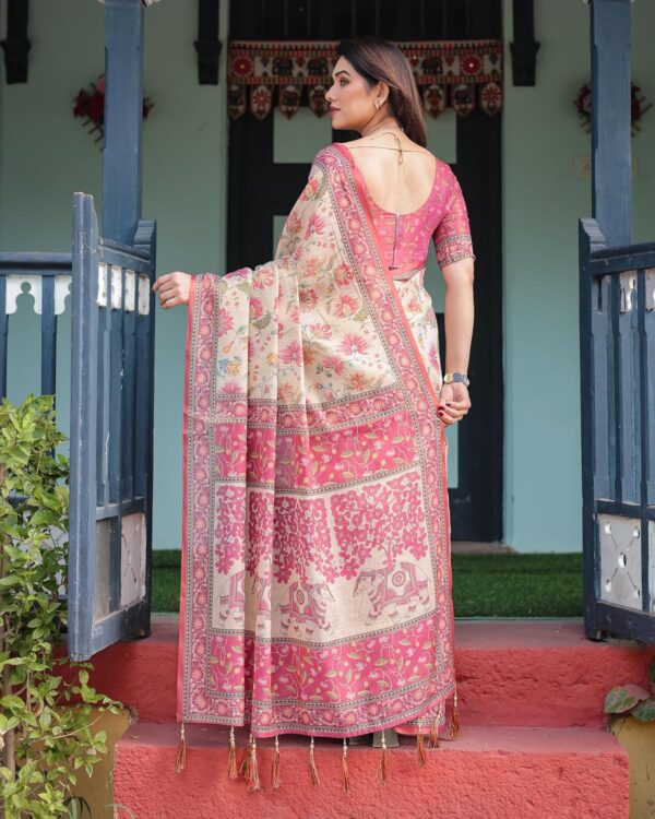 ALMAARI FASHION Handloom Cotton Floral Printed Saree with Tassels on Edges & Attached Blouse Piece | 5.5 Meter Saree + 0.8 Meter Blouse - Image 4