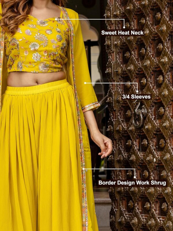 TRENDMALLS Women's Georgette Embroidery Sequence Work Crop Top with Flared Palazzo and Shrug Set - Image 4