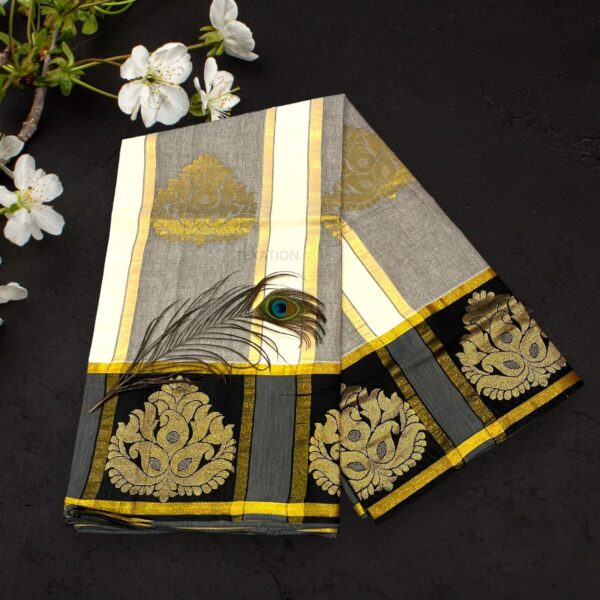 TEXATION Onam Special Women's Kerala Kasavu Cotton Saree With Rich Pallu and Running Blouse Piece (Saree5.5 meter, Blouse 0.8 meter) (BLACK) - Image 5