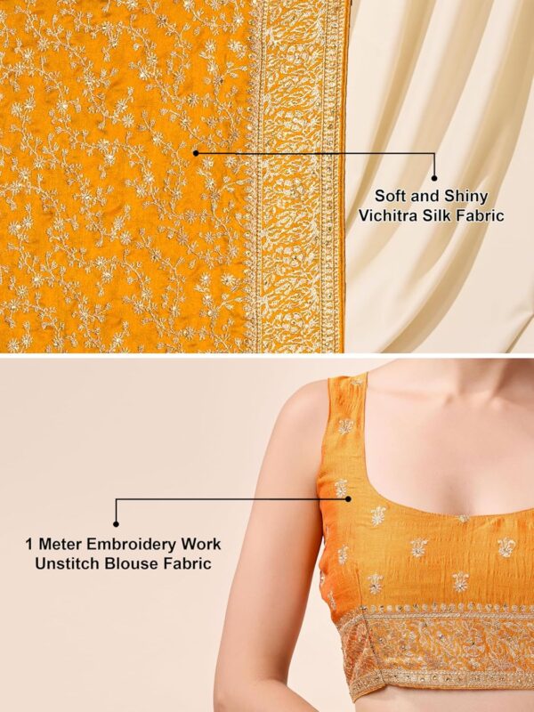 TRENDMALLS Women's Vichitra Silk Embroidery, Siroski Stone Work Saree with Unstitch Blouse Piece - Image 5