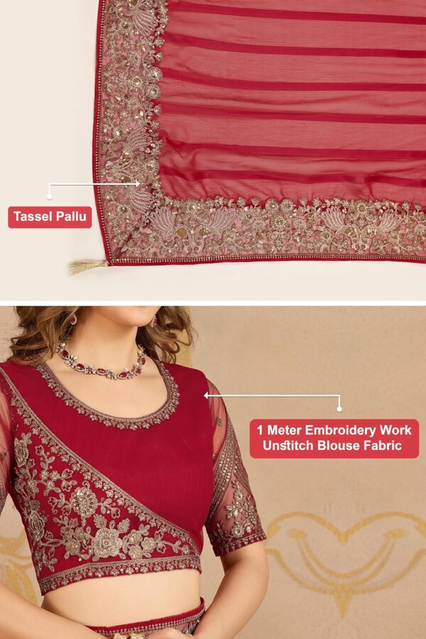 TRENDMALLS Women's Chiffon Embroidered Sequence Border Saree with Blouse Piece - Image 6