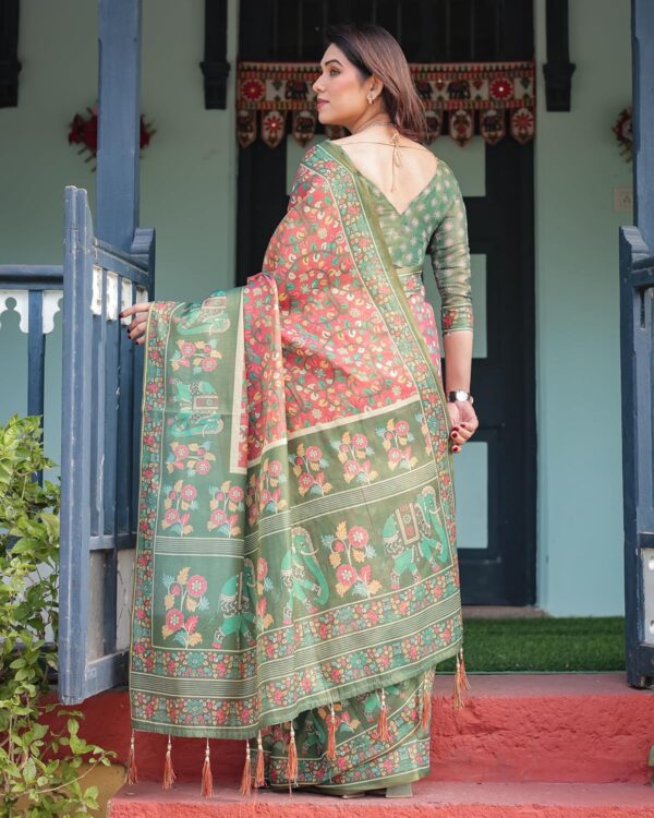 ALMAARI FASHION Handloom Cotton Floral Printed Saree with Tassels on Edges & Attached Blouse Piece | 5.5 Meter Saree + 0.8 Meter Blouse - Image 3