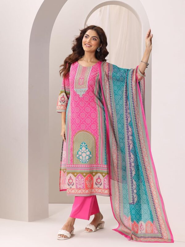 Libas Womens Printed Cotton Straight Kurta With Trousers and Dupatta - Image 3