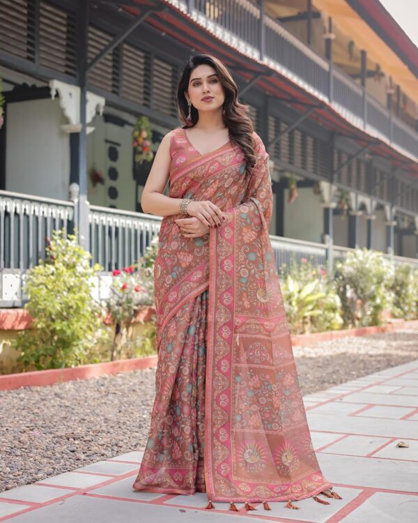 ALMAARI FASHION Handloom Cotton Floral Printed Saree with Tassels on Edges & Attached Blouse Piece | 5.5 Meter Saree + 0.8 Meter Blouse - Image 5
