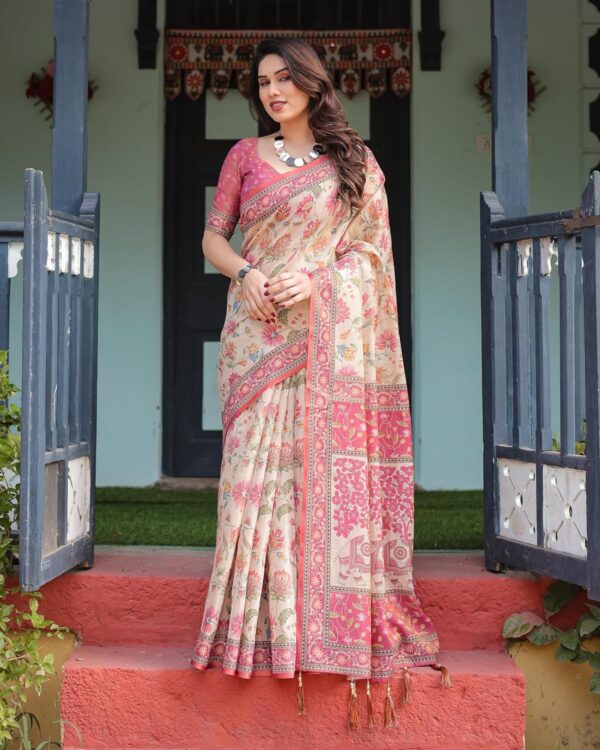 ALMAARI FASHION Handloom Cotton Floral Printed Saree with Tassels on Edges & Attached Blouse Piece | 5.5 Meter Saree + 0.8 Meter Blouse - Image 3